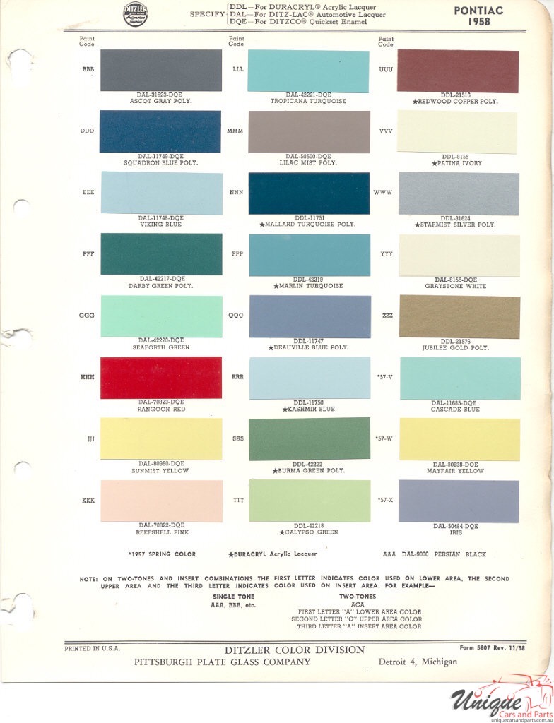 1958 Pontiac Paint Charts PPG 1